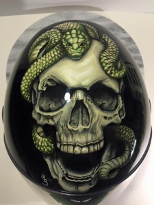 “Skull & Snake” (Cookie G3 Helmet, Owner: Bria Gary, 2016) *Bria and I have never met but when she told me she liked skulls, I knew she was a girl after my own heart! Skulls and bones are some of my favorite subject matter so this piece came very naturally to me.